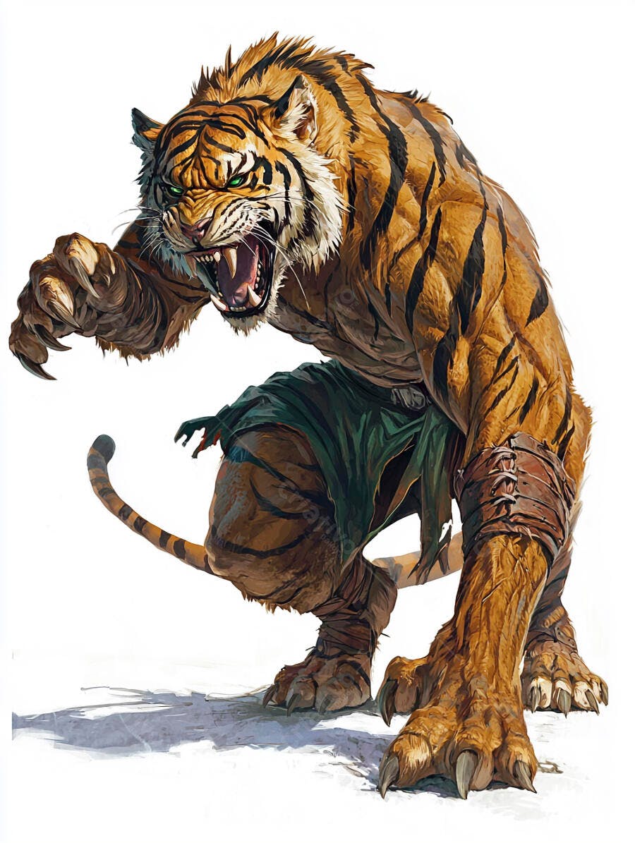 Tigre humanoide furioso com garras afiadas e olhos verdes brilhantes em pose de ataque