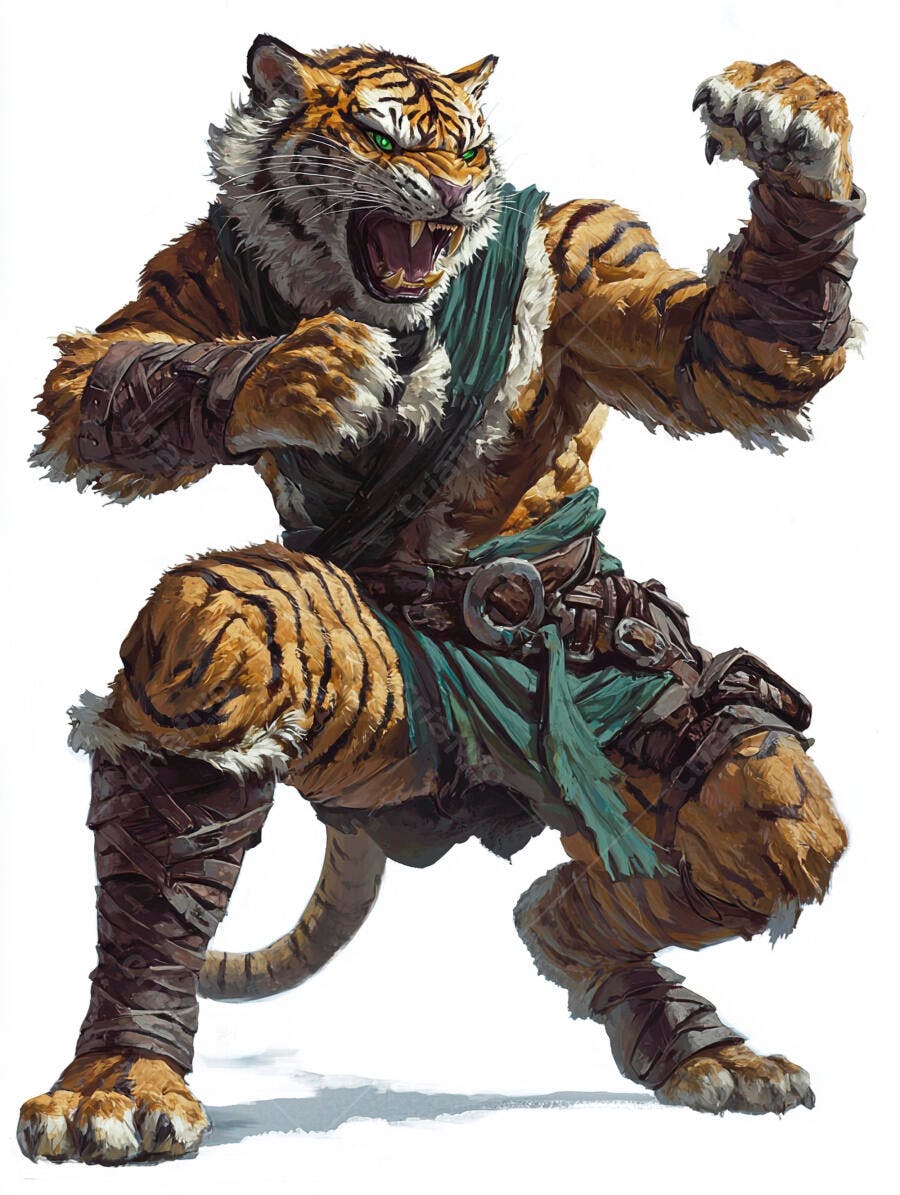 Tigre guerreiro musculoso em posição de combate com olhos verdes esmeralda