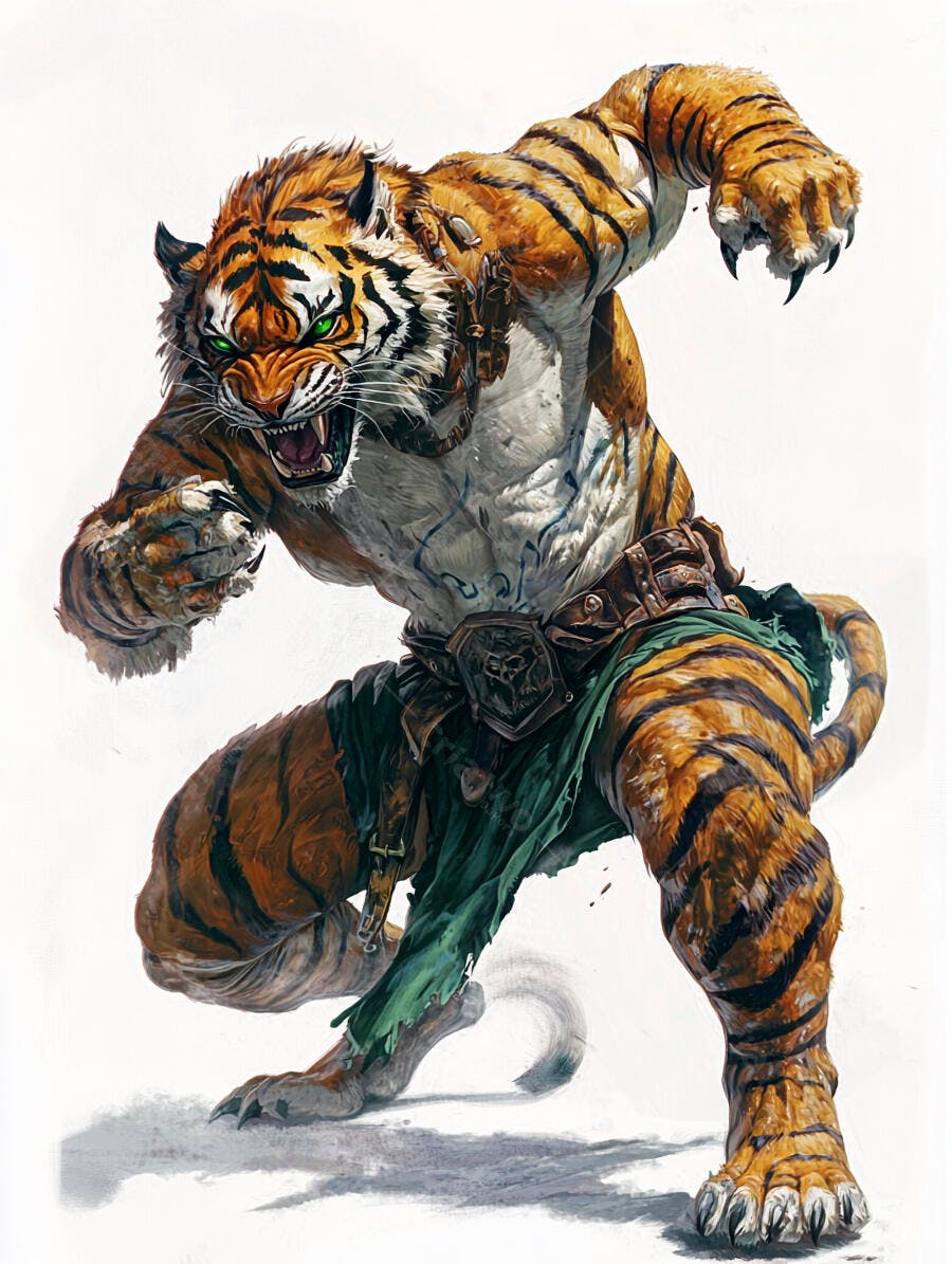 Tigre humanoide musculoso e feroz com olhos verdes e garras expostas