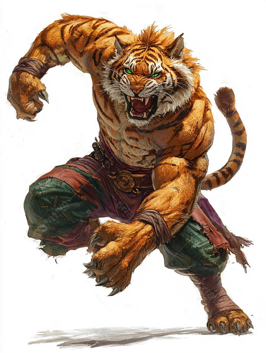 Tigre guerreiro antropomórfico rugindo com olhos verdes em pose ataque