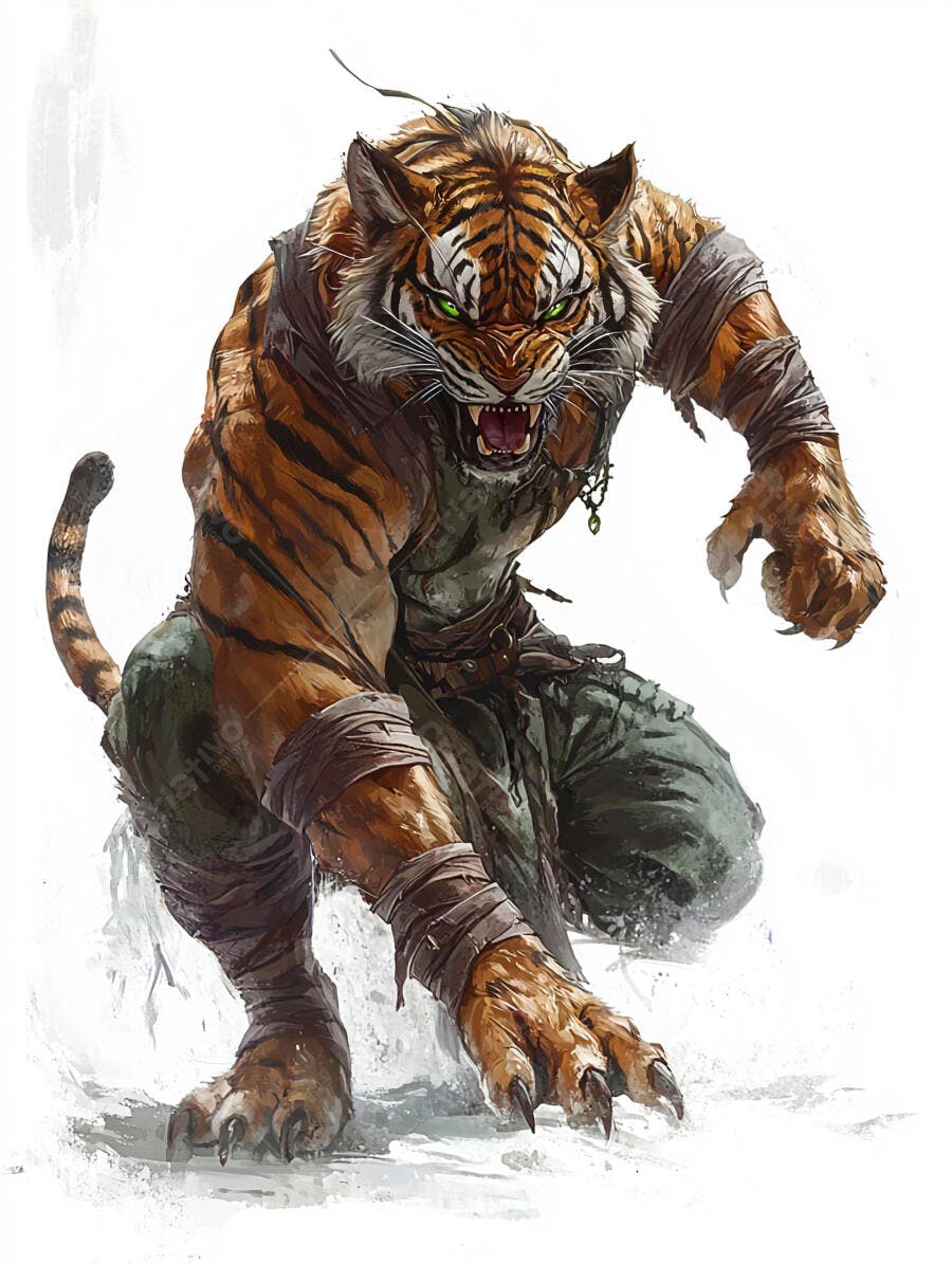 Tigre guerreiro musculoso com olhos verdes e postura agressiva em fundo branco
