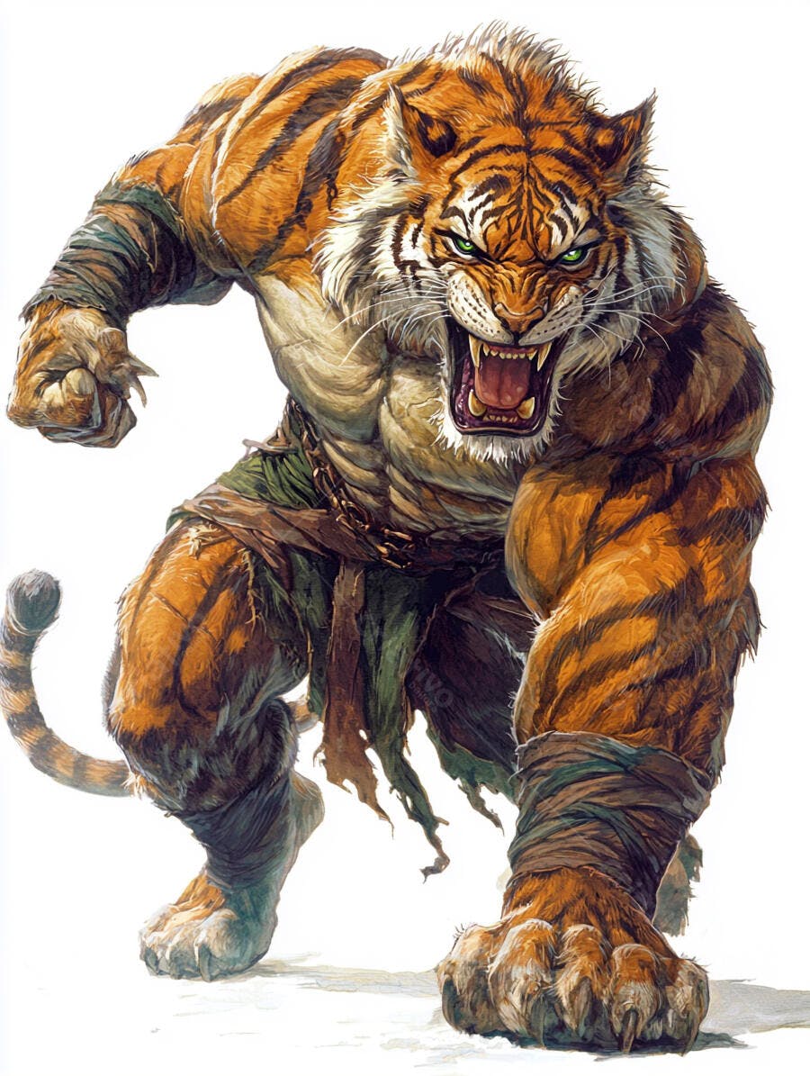 Criatura tigre musculosa rugindo com garras afiadas em pose de ataque