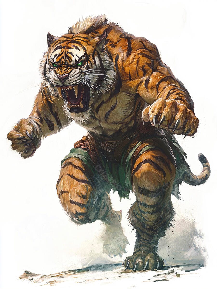 Tigre humanoide musculoso rosnando com olhos verdes em ataque