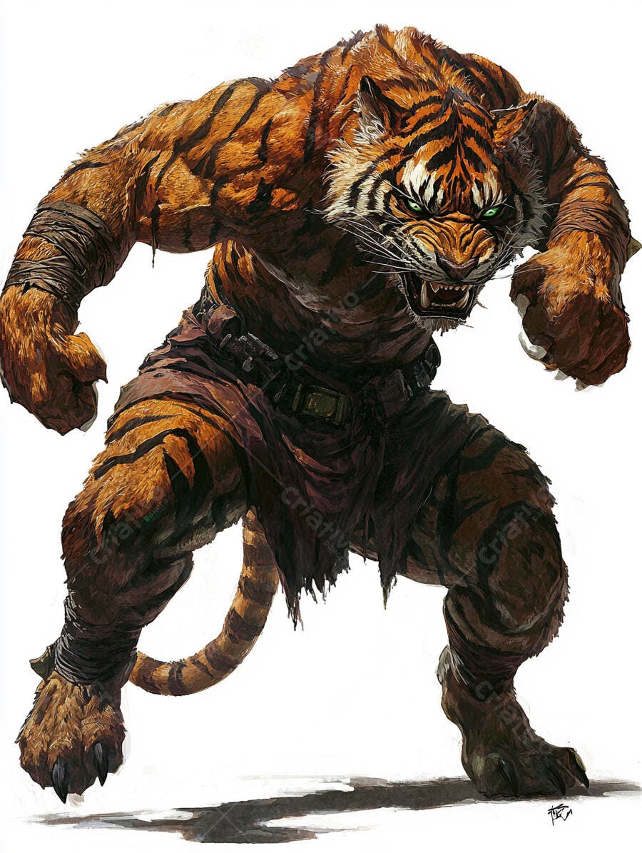 Homem-tigre musculoso com olhos verdes rosnando ferozmente em pose de ataque