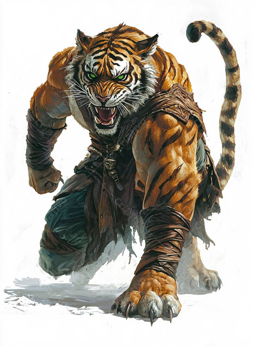 Tigre guerreiro feroz com olhos verdes pele listrada e roupa rústica em pose agressiva