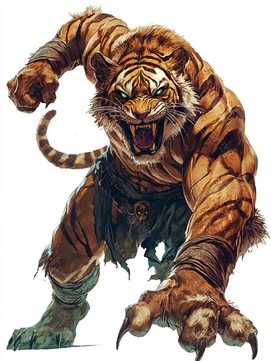 Homem tigre musculoso e furioso rugindo com olhos verdes brilhantes e garras afiadas