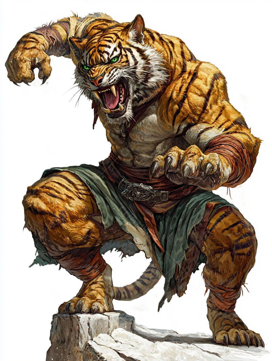 Tigre guerreiro antropomórfico feroz em pose de ataque com olhos verdes