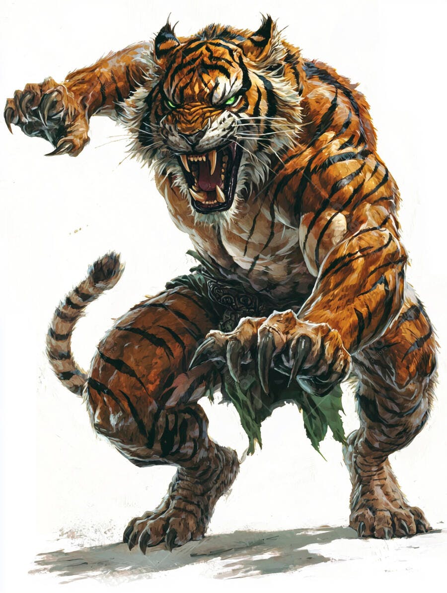 Tigre humanóide musculoso rosnando com olhos verdes em pose de ataque