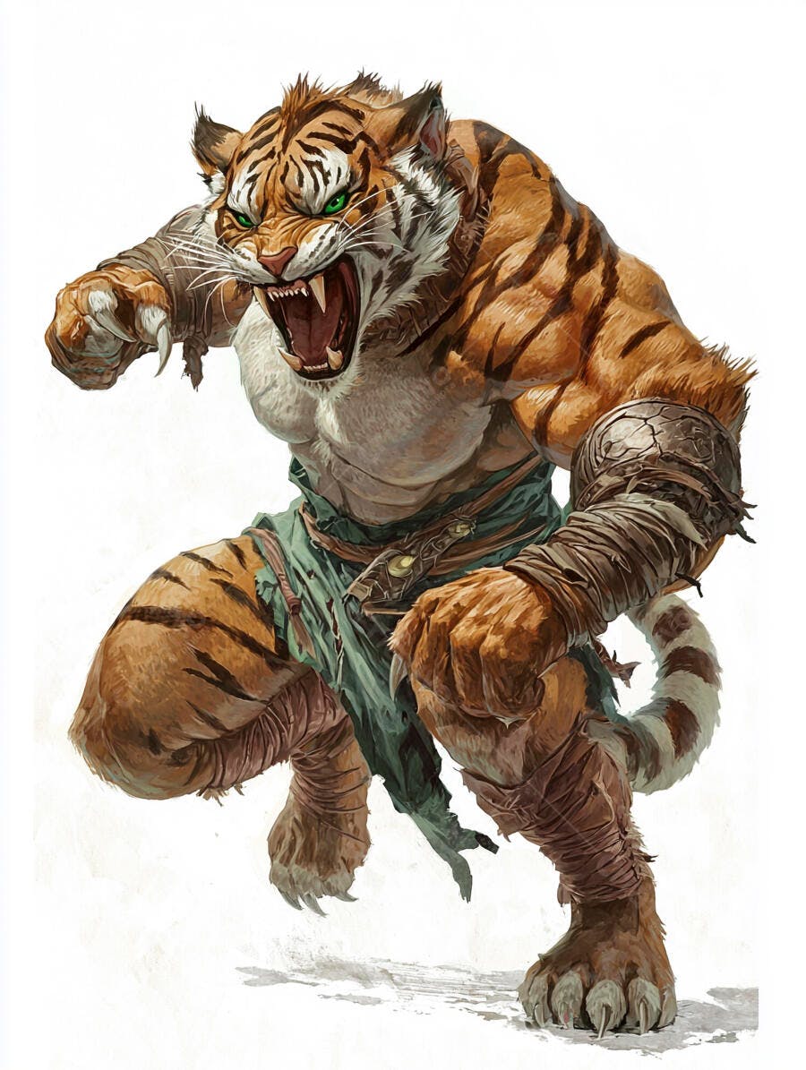 Tigre guerreiro musculoso rugindo com olhos verdes e armadura de couro