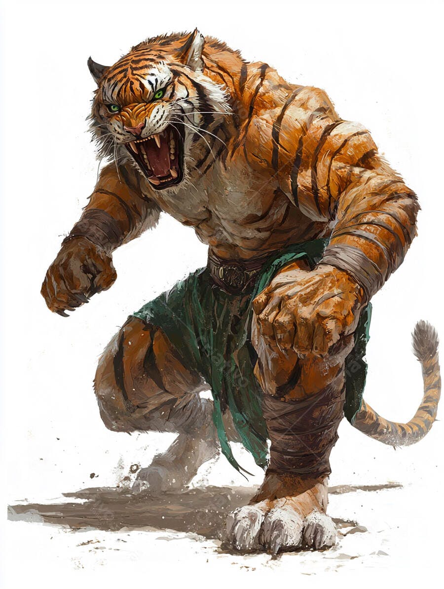 Tigre guerreiro antropomórfico musculoso rugindo em ataque