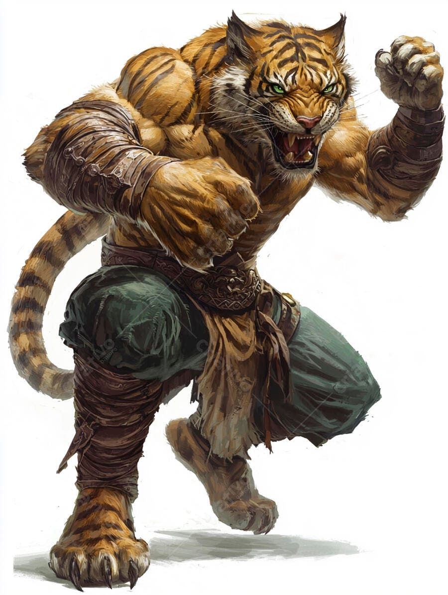 Tigre guerreiro musculoso olhos verdes em pose de combate e vestes tribais
