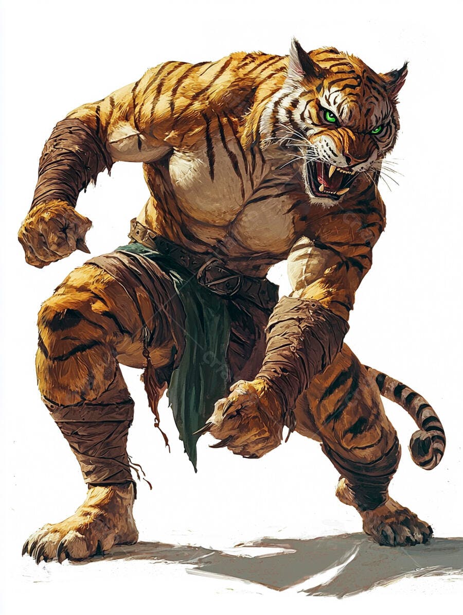 Homem tigre musculoso de olhos verdes e listras laranjas em pose de combate