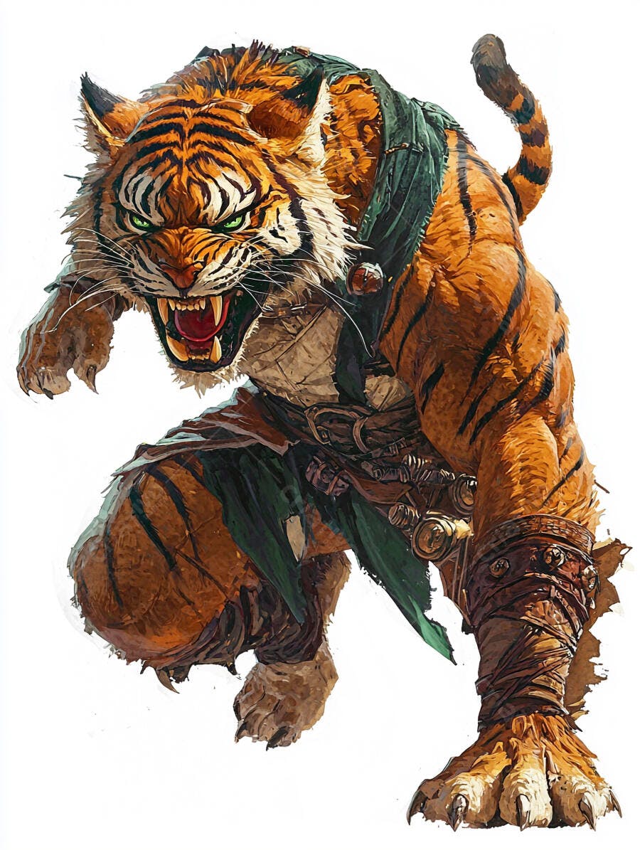 Tigre guerreiro antropomórfico rosnando com olhos verdes e roupa verde