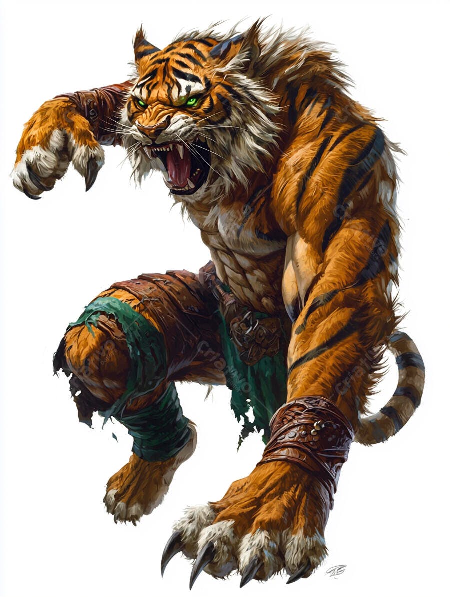 Tigre guerreiro antropomórfico feroz com olhos verdes em pose de ataque