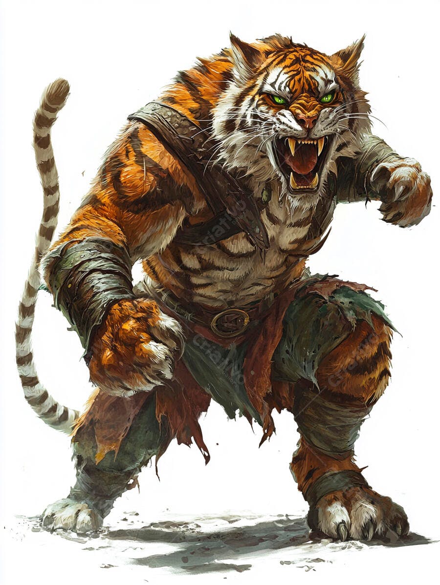 Tigre homem guerreiro furioso com olhos verdes brilhantes sobre branco