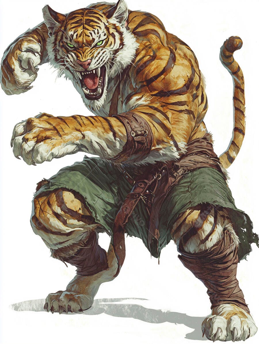 Tigre guerreiro humanoide feroz rugindo em pose de batalha