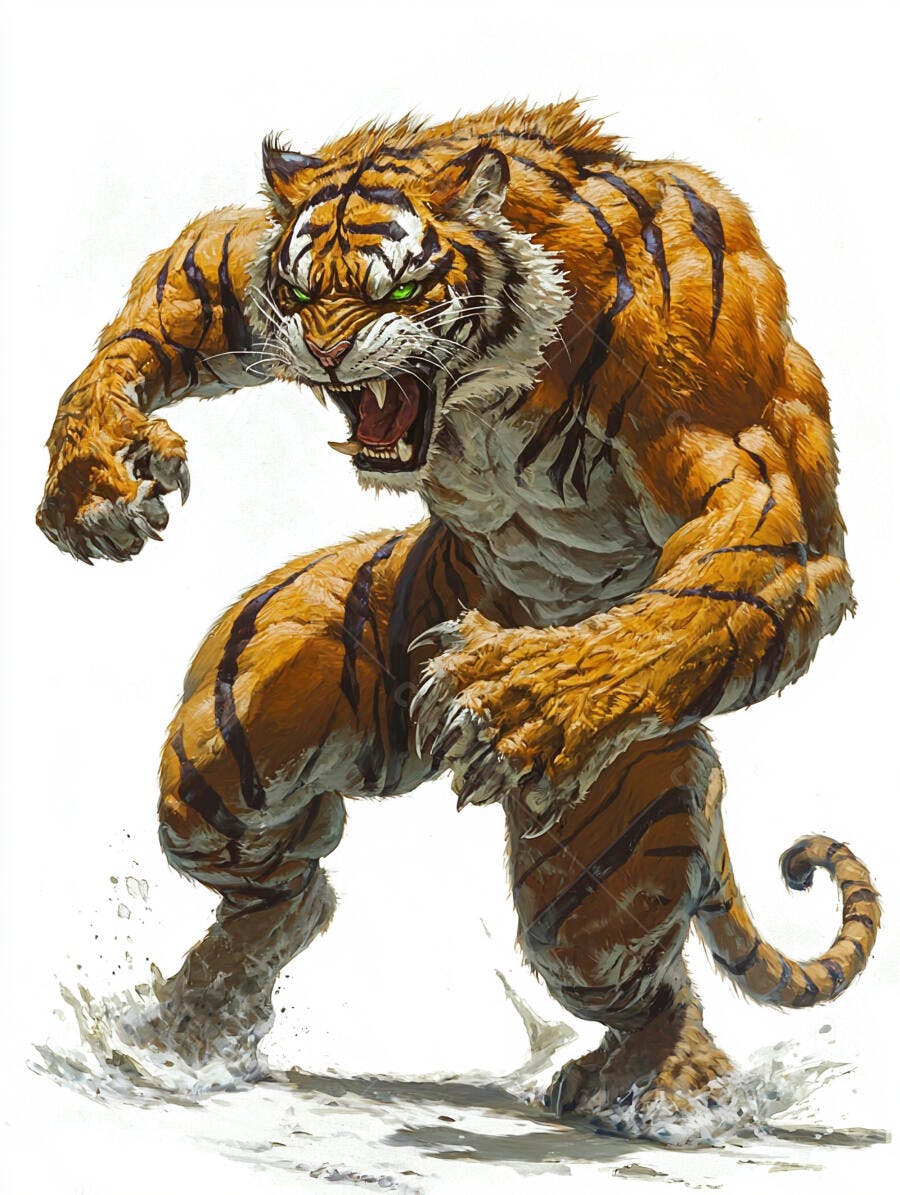Tigre musculoso rosnando com olhos verdes vibrantes em pose de ataque