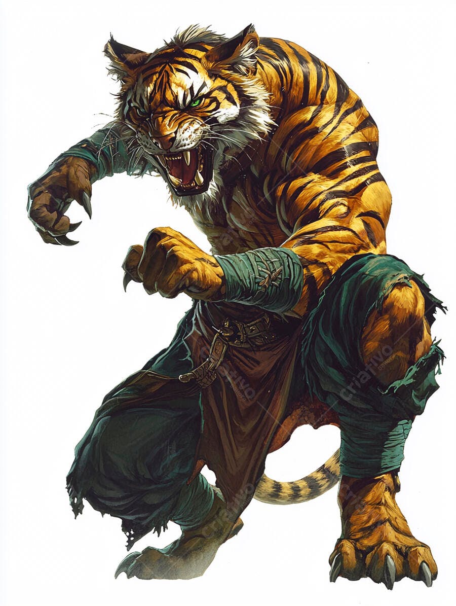 Guerreiro tigre antropomórfico laranja e verde feroz em ataque