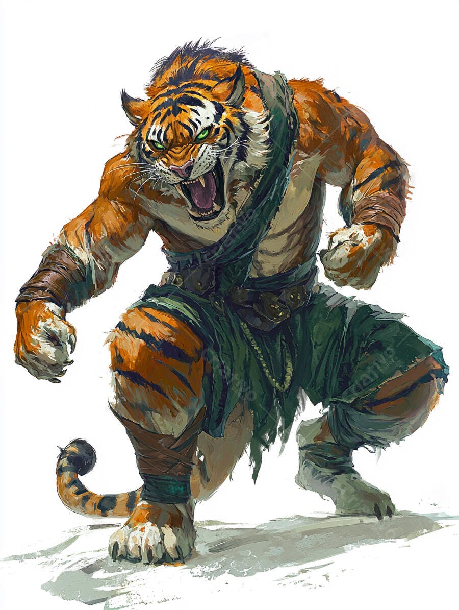 Homem tigre guerreiro rugindo olhos verdes e roupa esfarrapada arte fantasia
