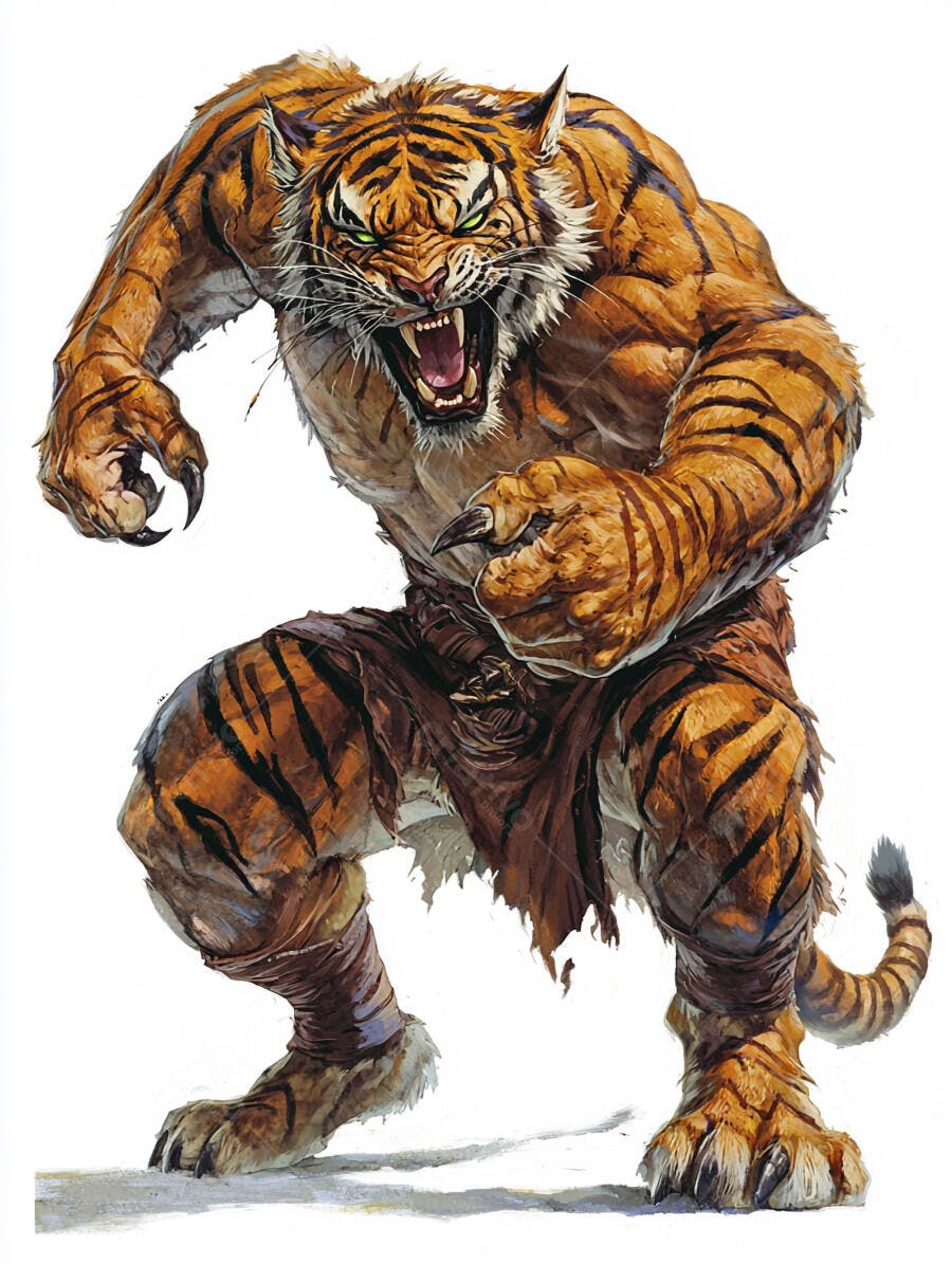 Tigre musculoso antropomórfico feroz com olhos verdes e garras afiadas rugindo