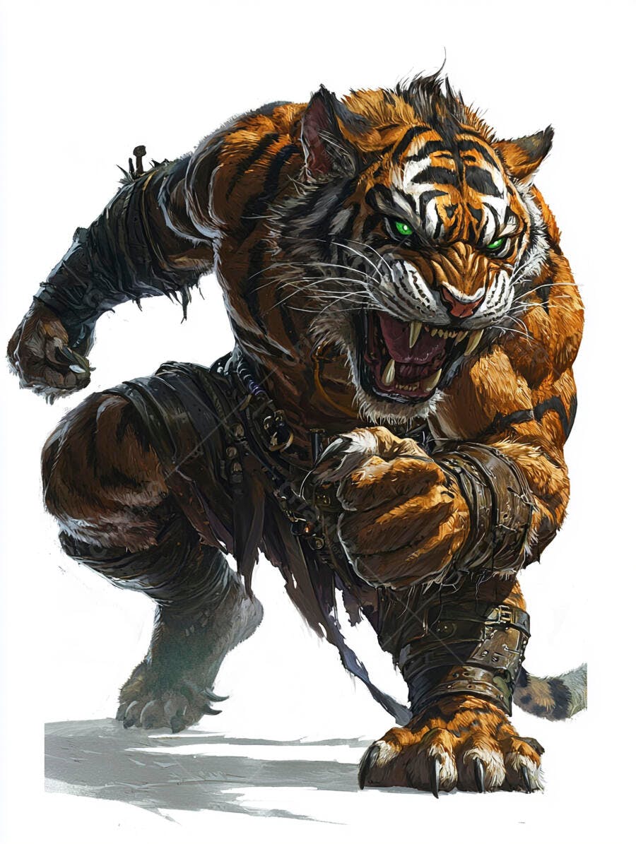Tigre guerreiro antropomórfico feroz de olhos verdes e armadura de couro