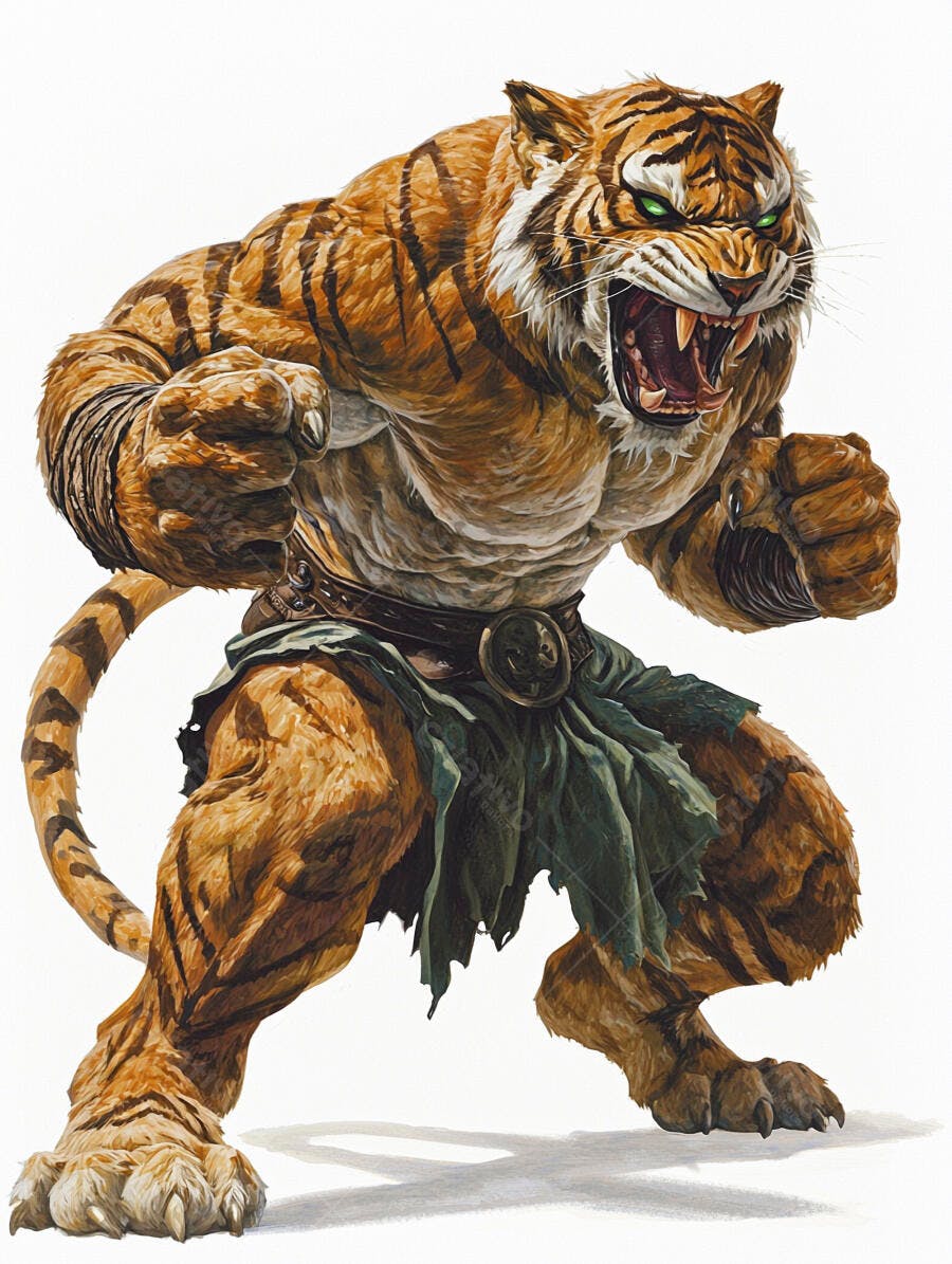 Tigre musculoso antropomórfico feroz com olhos verdes e roupa tribal