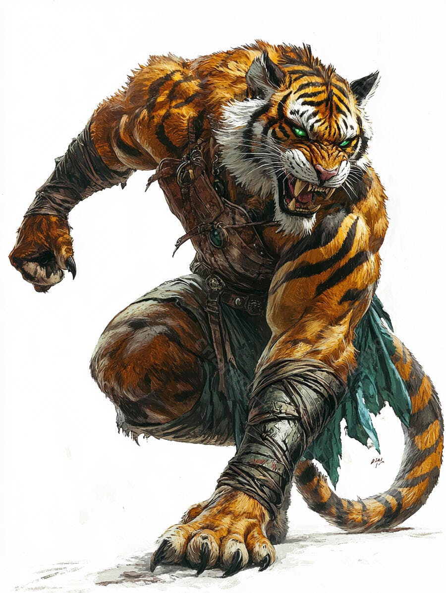 Homem-tigre feroz com olhos verdes brilhantes pele listrada laranja e preta pronto para atacar