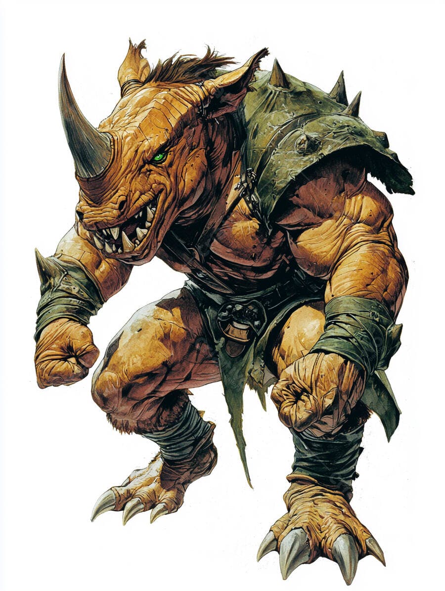 Rinoceronte humanóide musculoso com armadura e olhos verdes