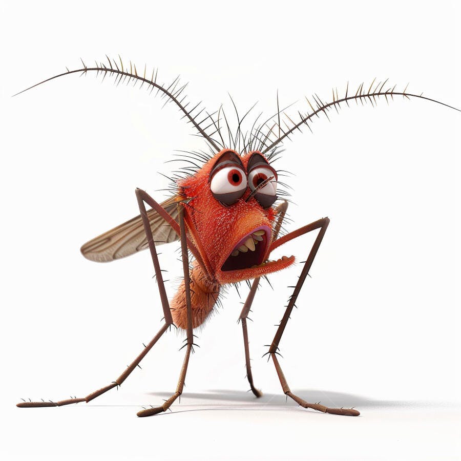 Inseto mosquito vermelho de desenho animado assustado com olhos esbugalhados