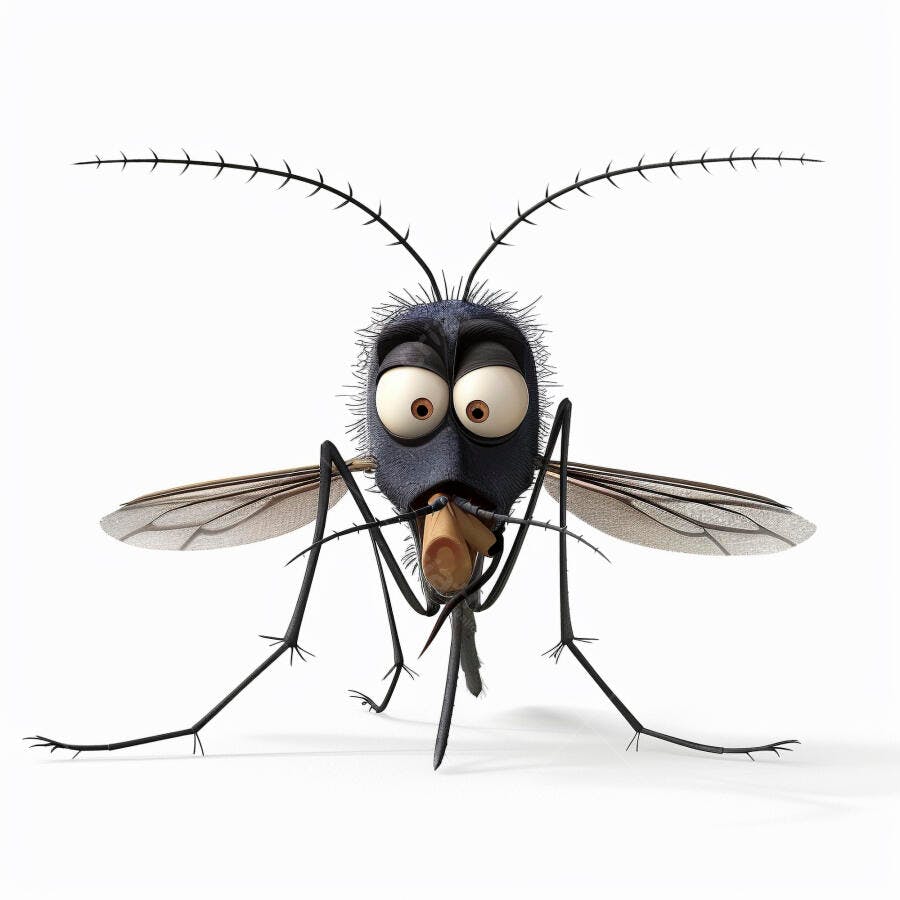 Mosquito azul escuro de desenho animado com olhos grandes e expressão surpresa em fundo branco