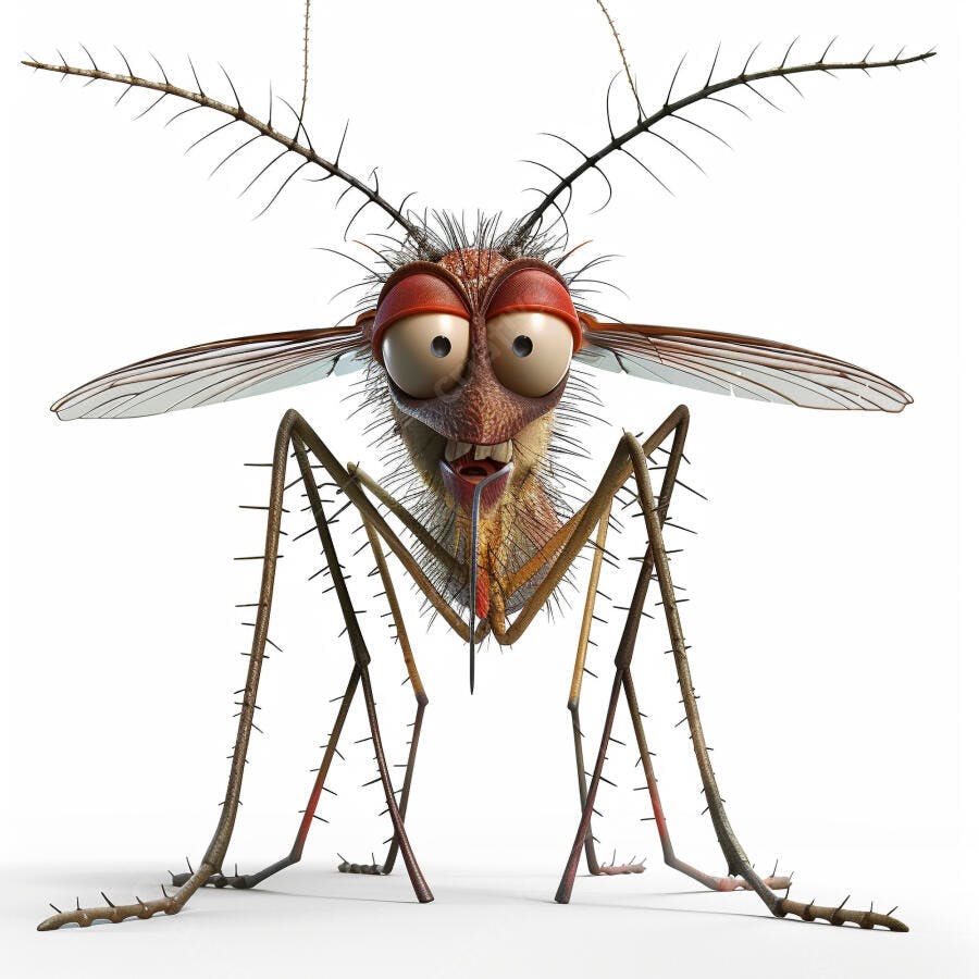 Mosquito de desenho animado com olhos grandes vermelhos e corpo peludo isolado