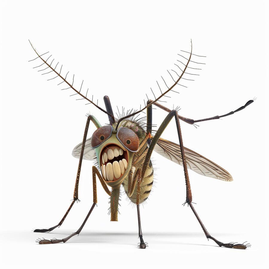 Mosquito cartoon agressivo com dentes humanos e olhos grandes isolado no branco