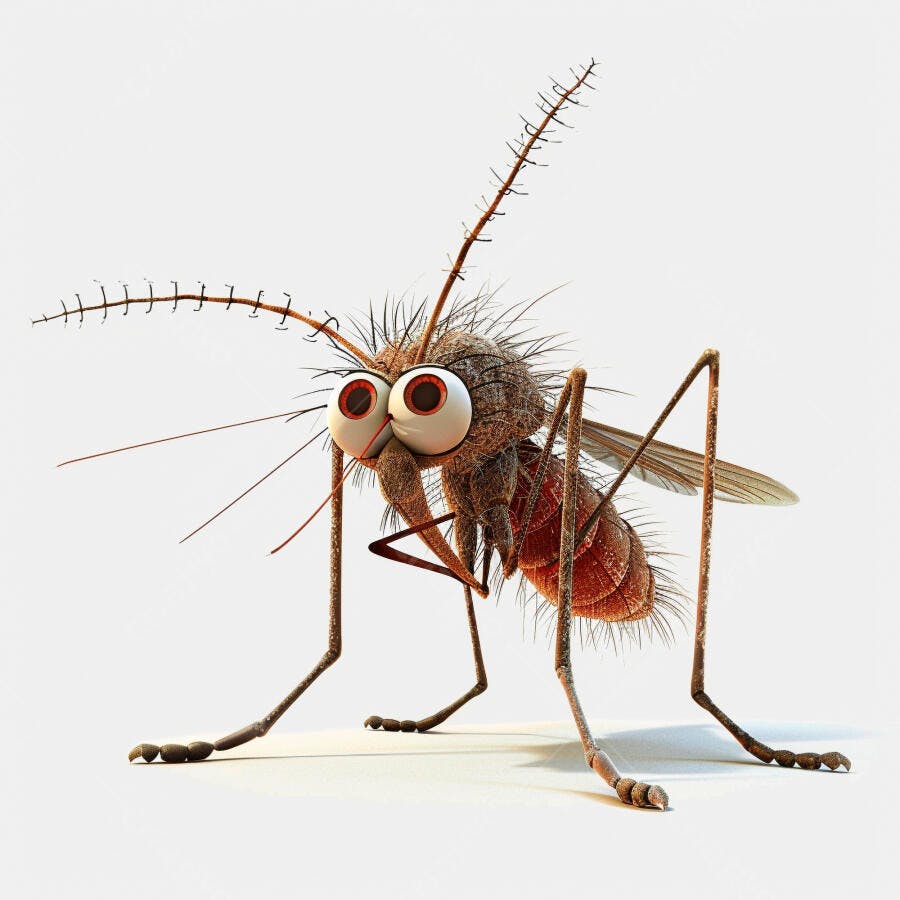 Mosquito marrom peludo com olhos grandes vermelhos e pernas longas