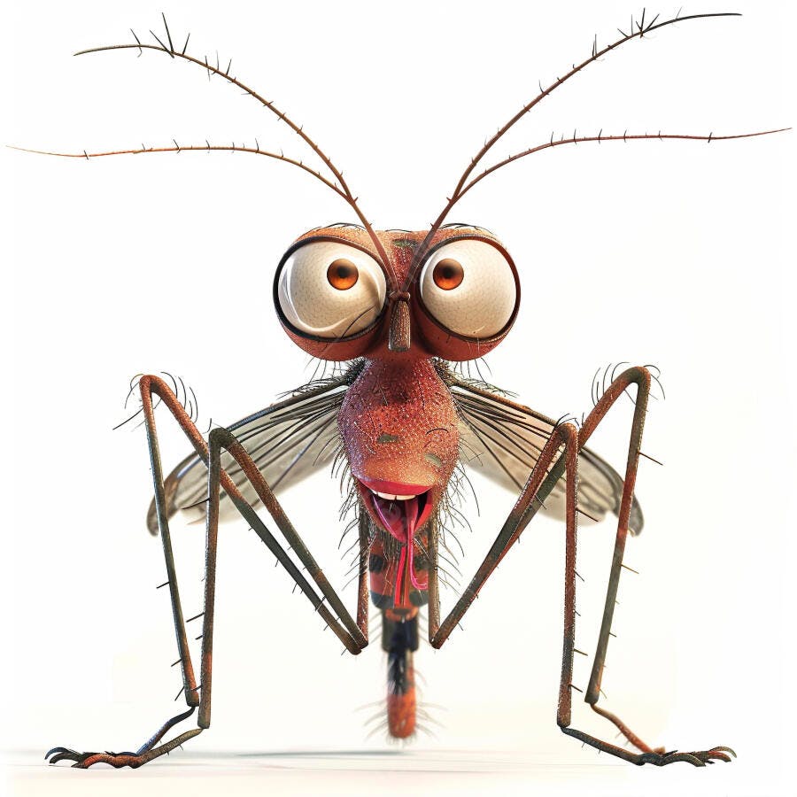 Mosquito cartoon feliz com olhos grandes em fundo branco