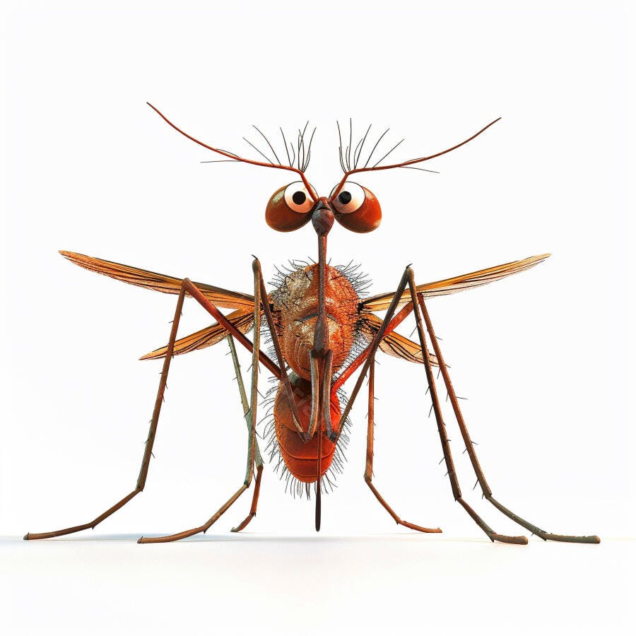 Mosquito cartoon 3D com olhos grandes e antenas em fundo branco