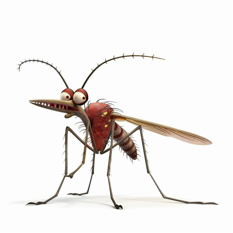 Mosquito 3D pernilongo marrom e vermelho irritado com olhos grandes em fundo branco