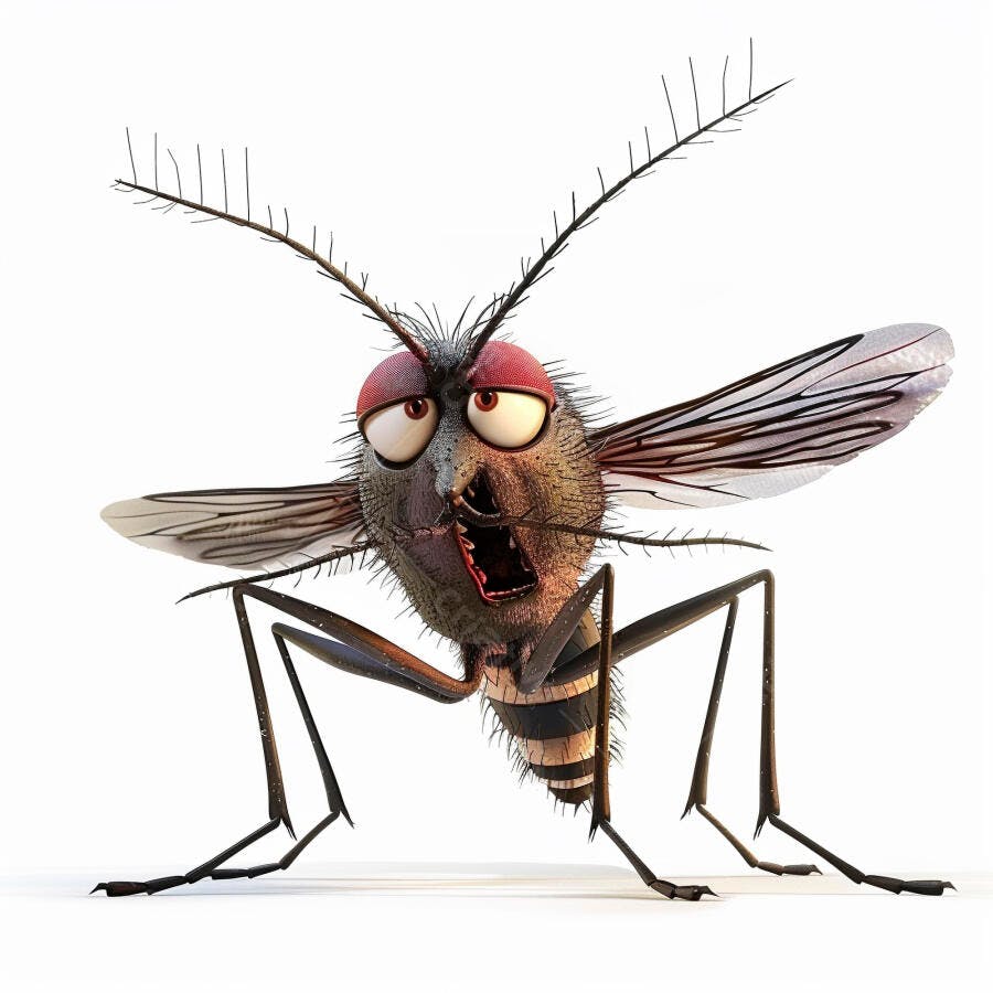 Mosquito cartoon assustado com olhos vermelhos em fundo branco