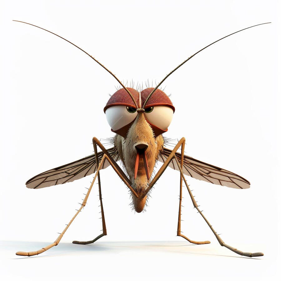 Mosquito marrom irritado com olhos grandes em fundo branco 3D