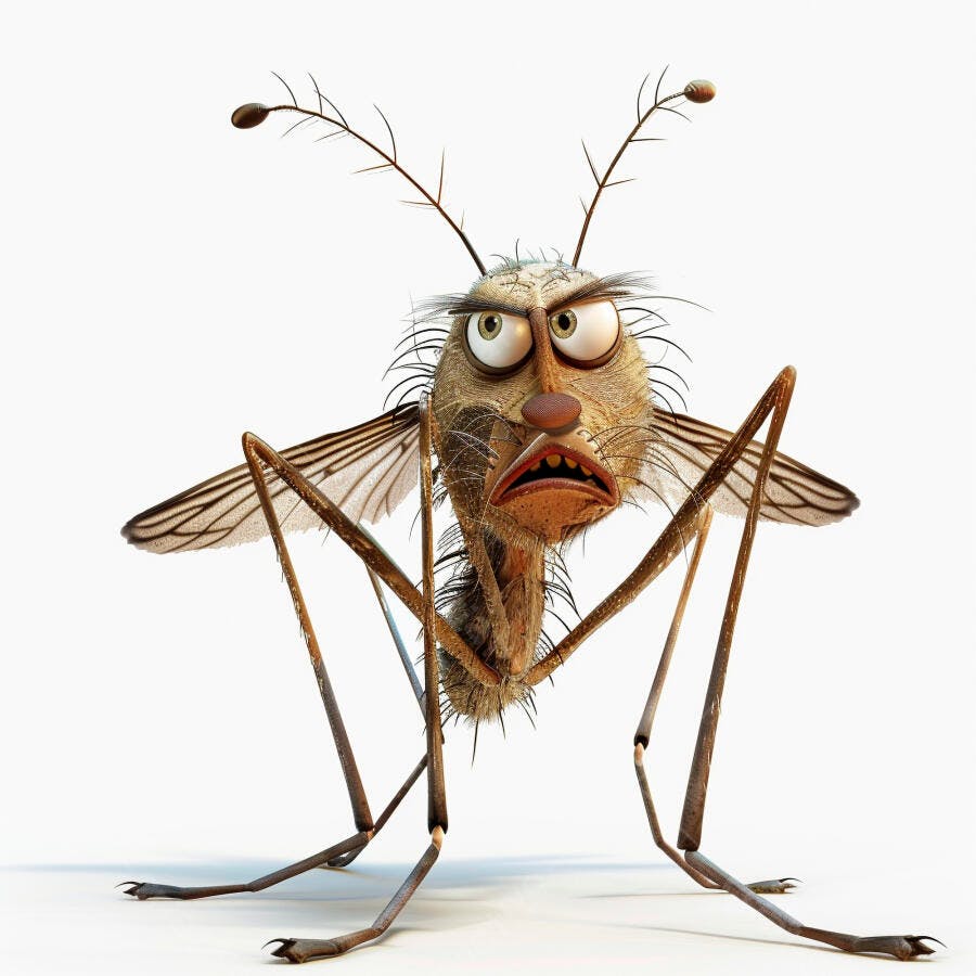 Mosquito zangado personagem de desenho animado 3D em fundo branco