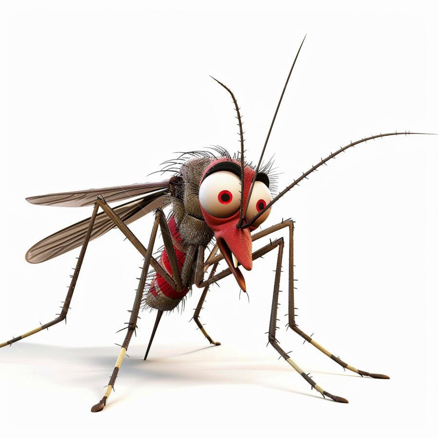 Pernilongo mosquito cartoon com olhos vermelhos grandes em fundo branco
