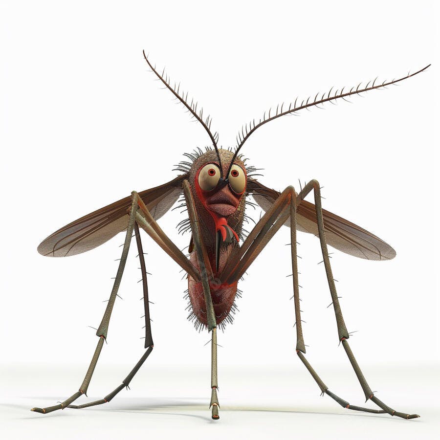 Mosquito 3D animado com olhos grandes e barriga vermelha inchada