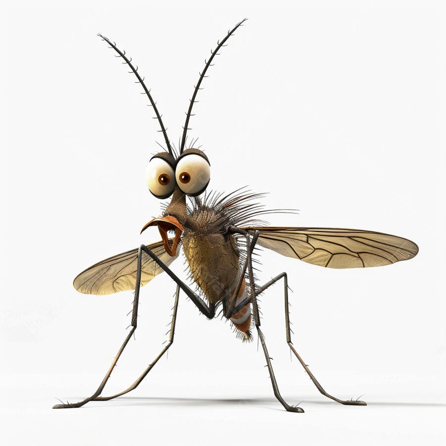 Mosquito de desenho animado marrom com olhos grandes e asas transparentes
