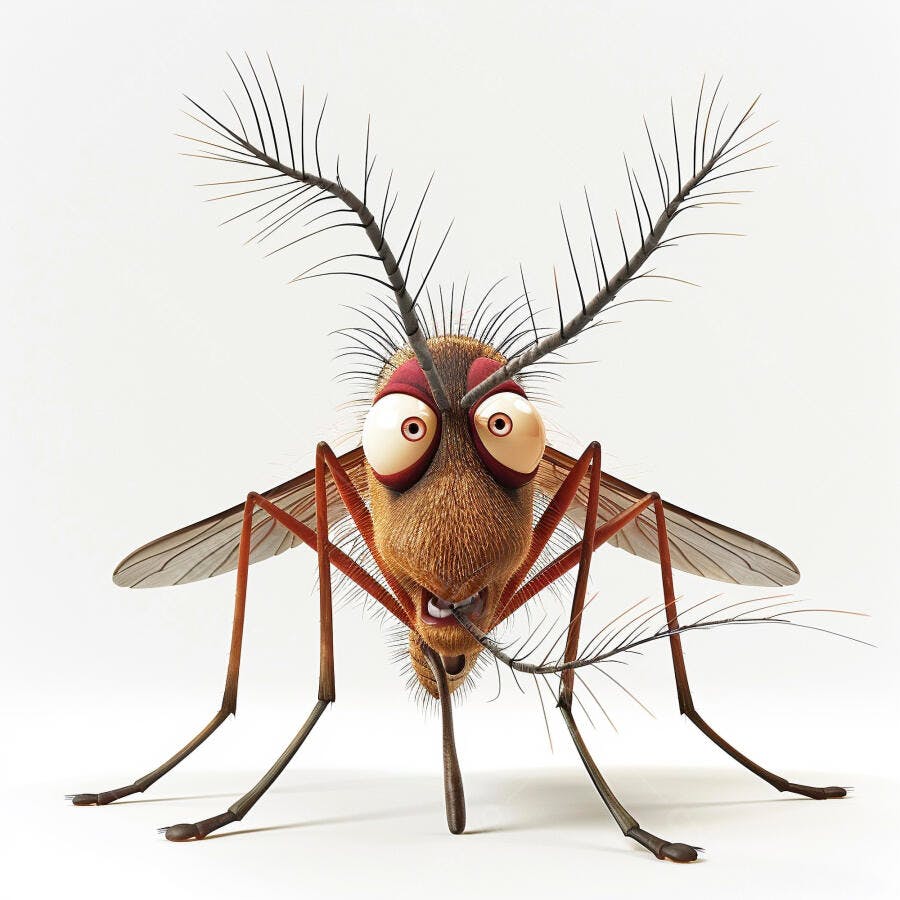 Mosquito marrom de olhos grandes com expressão surpresa ilustração 3D