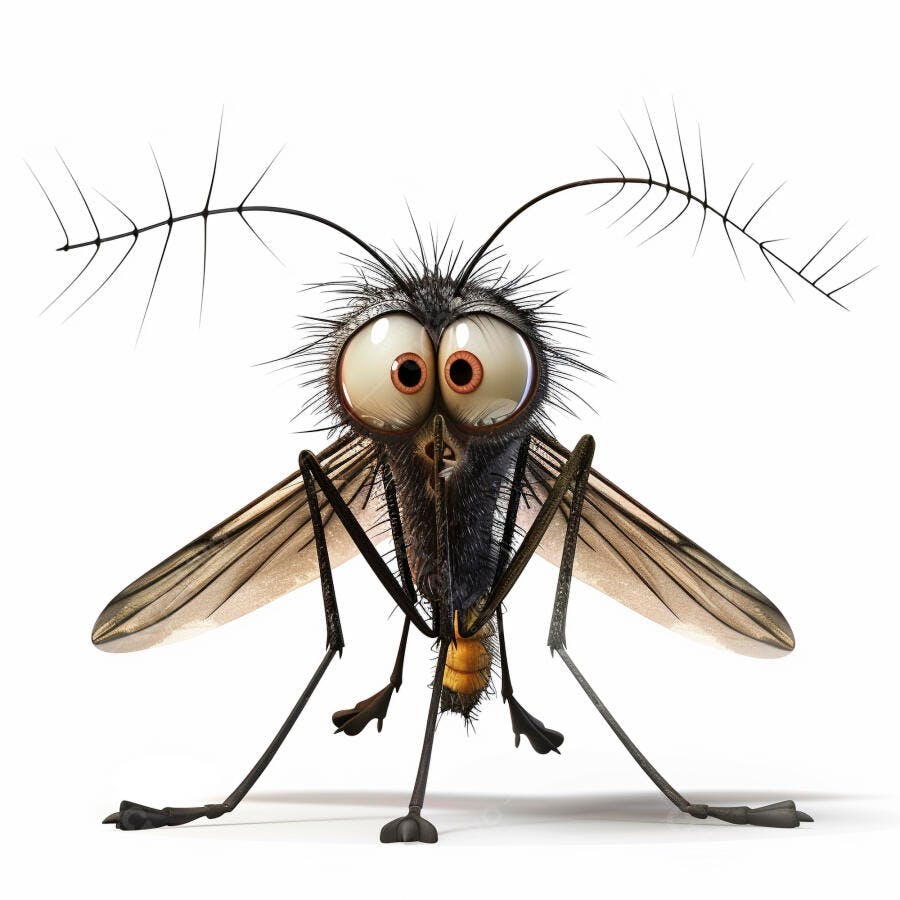 Mosquito engraçado 3D com olhos grandes e corpo peludo em fundo branco