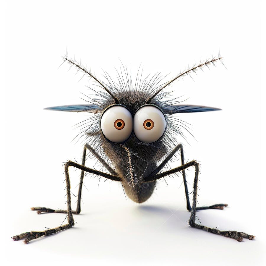 Mosquito engraçado e peludo de olhos grandes em fundo branco