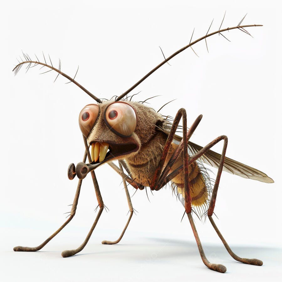 Mosca cartoon marrom peluda com olhos grandes e dentes pontudos