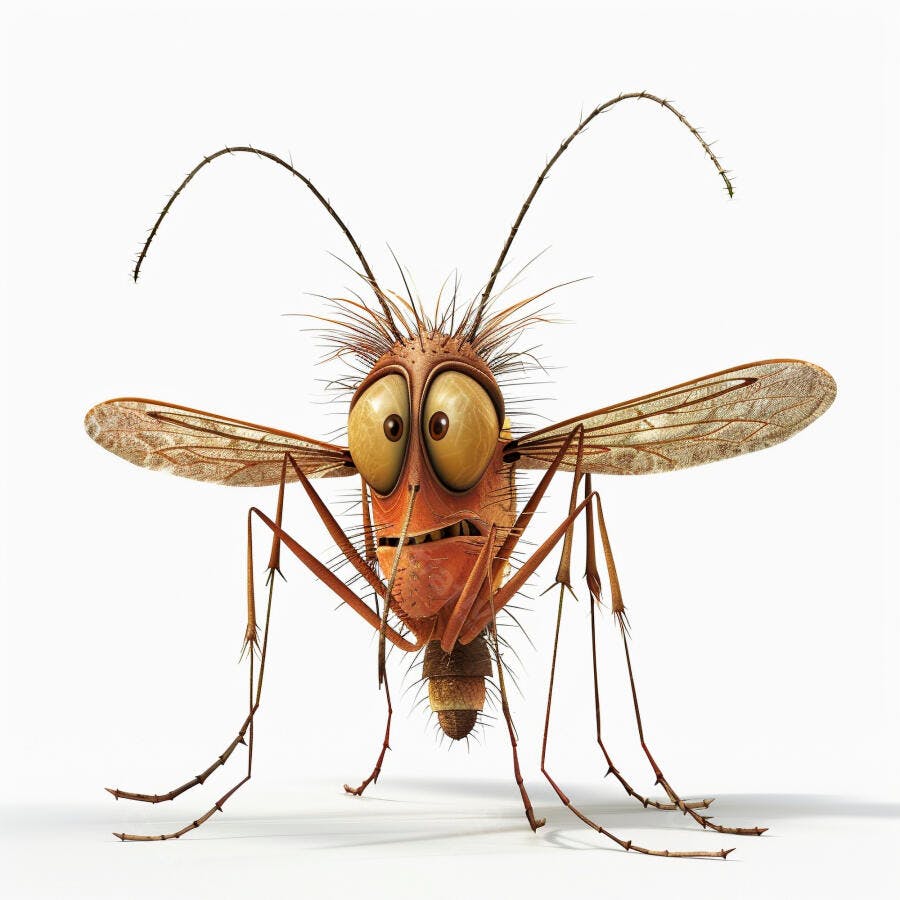 Mosquito de desenho animado com olhos arregalados e expressão de susto em fundo branco