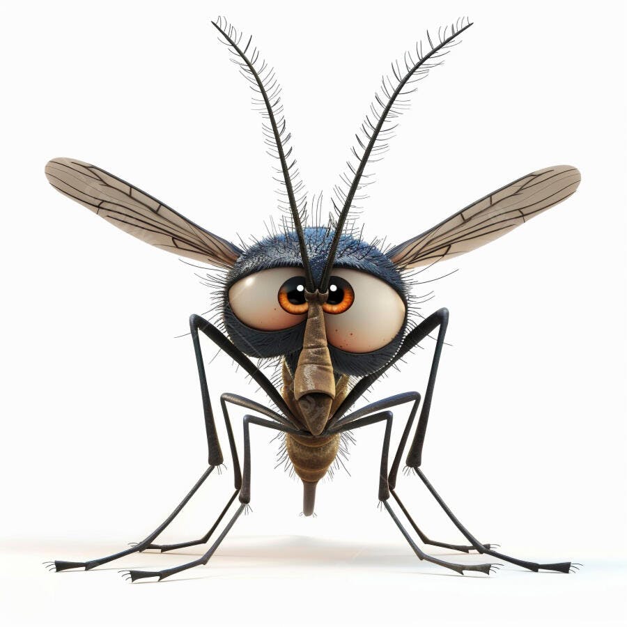Mosquito 3D peludo azul e marrom com olhos grandes laranja em fundo branco