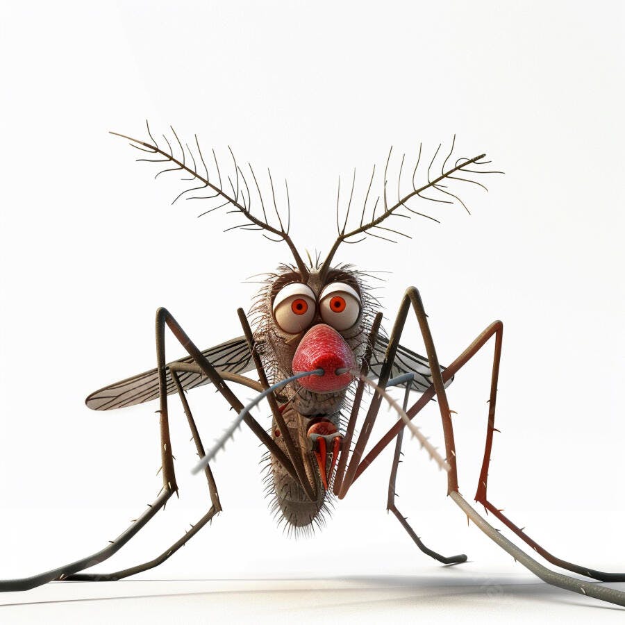 Mosquito cartoon com olhos vermelhos e probóscide em fundo branco ilustração 3D