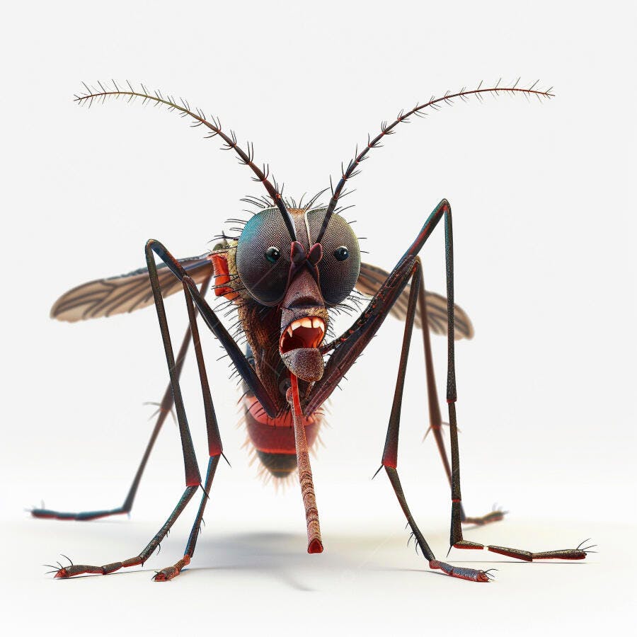 Caricatura de mosquito sorridente com grandes olhos e probóscide vermelha